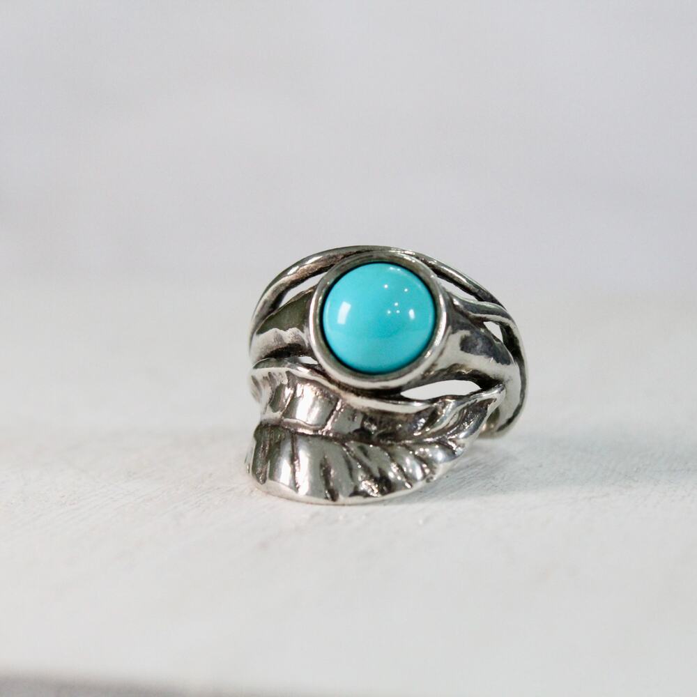 Or Paz Israel Sterling Silver 925 & Turquoise Cabochon Leaf Shaped Ring Size 7